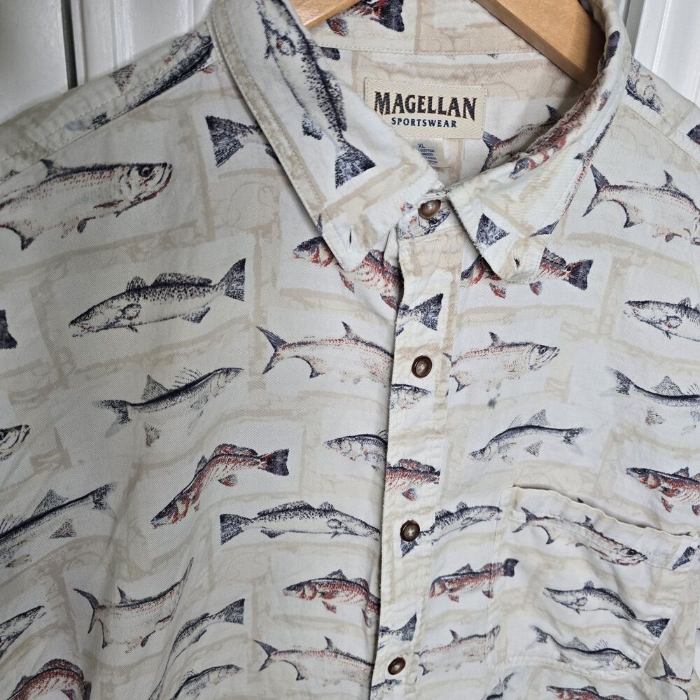 Magellan Shirt Mens XL White Fish Print Camp Button Down Inshore Game Fish